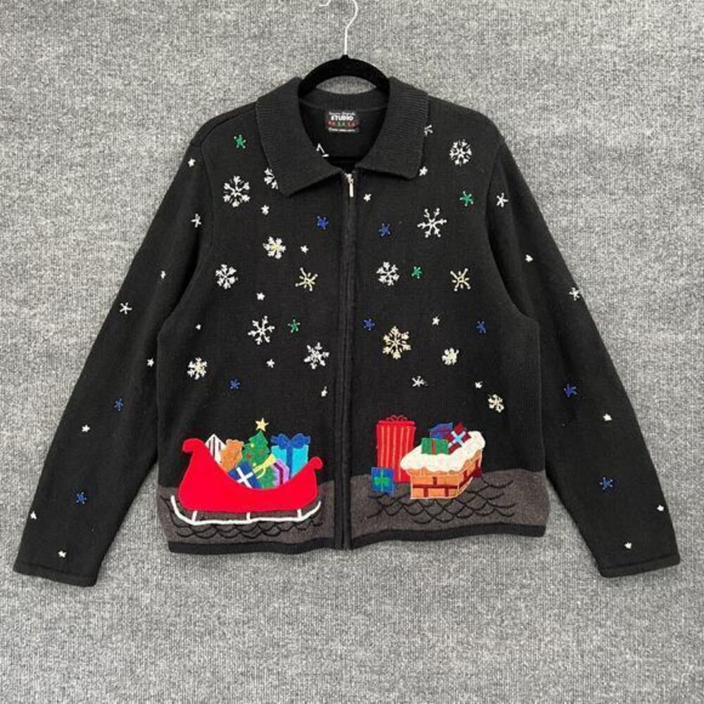 Vintage Designers Originals Womens Christmas Sweater Size M Black Santa Beaded